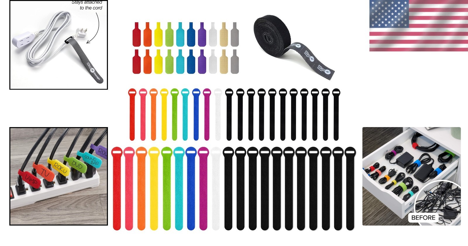 Ultimate Cable Management Bundle - 40 Heavy Duty Ties & Colorful Labels Included