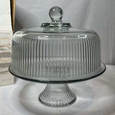 Anchor Hocking Canton Glass Punch Bowl Cake Set Plate Stand Done Cover Duel Use