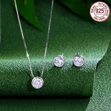 Beauty Bezel Setting CZ Necklace Earring 925 Sterling Silver Fashion Jewelry Set