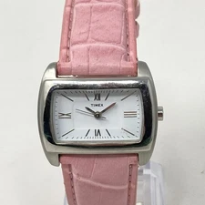 Timex Watch Women 33mm Silver Tone Wide Pink Band Rectangle New Battery 8" 2005