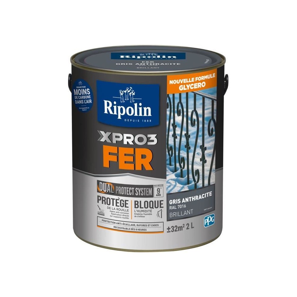Peinture fer antirouille Ripolin gris anthracite brillant 2L haute protection
