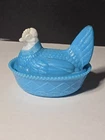 Westmoreland Lt Blue Milk Glass Hen On Nest In Basket VTG HON Slag Lay Eggs Dish