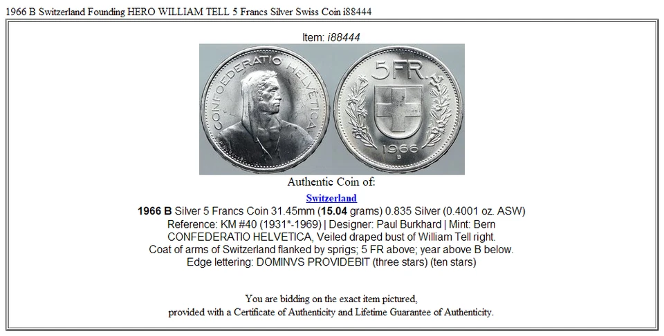 1966 B Switzerland Founding HERO WILLIAM TELL 5 Francs Silver Swiss Coin i88444 - Image 3 of 3