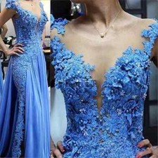 Blue Lace Applique Mother of the Bride Dress with Illusion Pearls  Beading