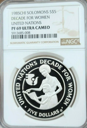 1985 SOLOMON ISLANDS SILVER 5 DOLLARS DECADE FOR WOMEN NGC PF 69 ULTRA CAMEO