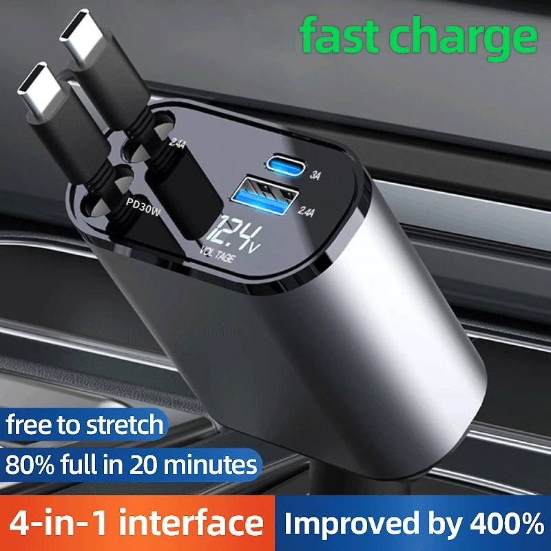Cargador de coche retráctil 4 en 1 doble puerto USB tipo C PD cable adaptador de carga rápida Foto 2 de 4