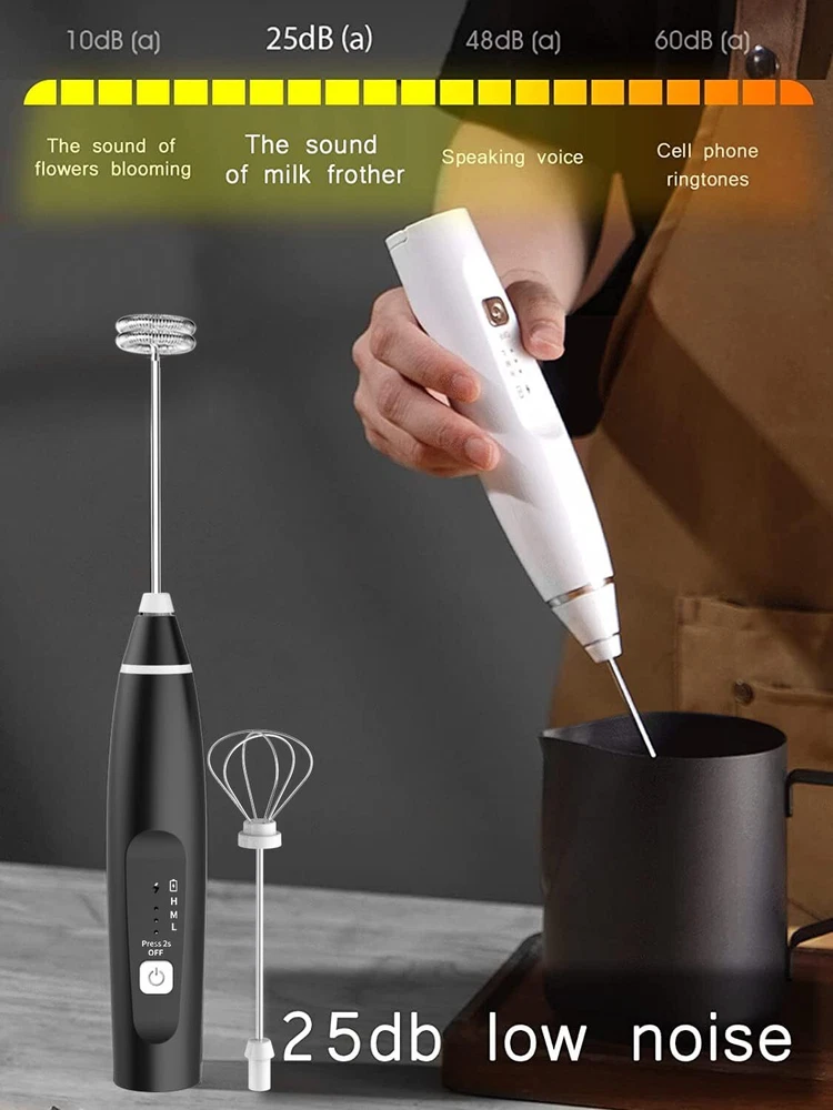 Milk Frother Handheld Foam Maker with 2 Stainless Stirring Head 3 Speed Recha...