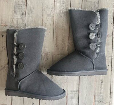 UGG Australia Bailey Button Triplet Gray Leather Shearling Boots