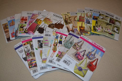 20 Sewing patterns, uncut: bags, purses, aprons & sewing accessories