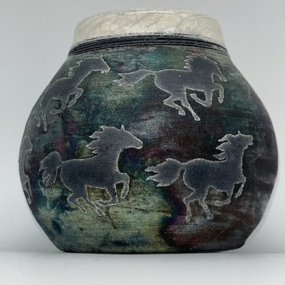 Ben Diller Raku Pottery Pot Vase Planter Running Horses Etchings Moody Dark 2003