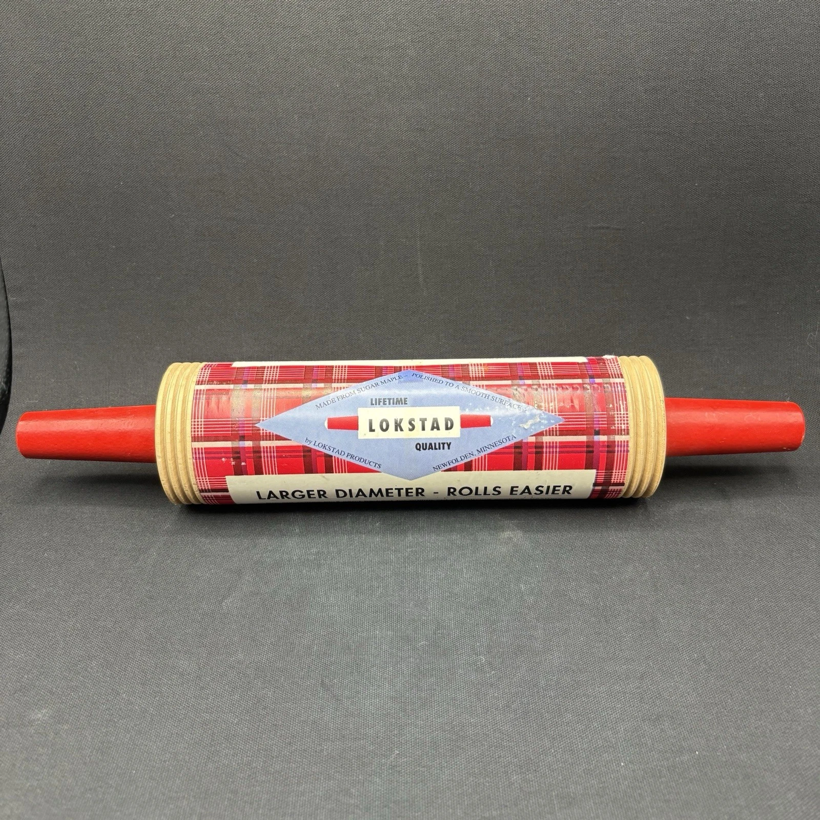 Vtg Die Cut Lokstad Wood Rolling Pin Lefse Flatbread Textured Red Handles Maple