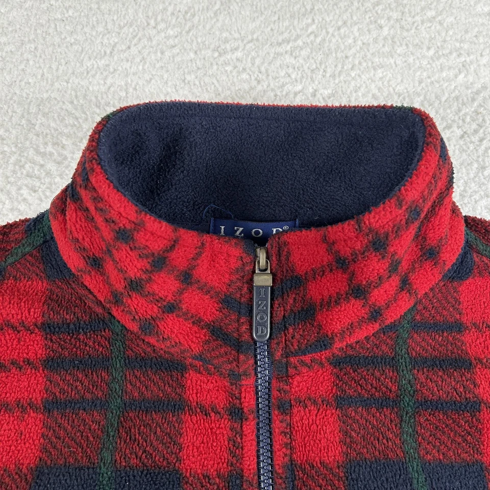 Vintage IZOD Jacket Mens Large Red Navy Plaid Fleece Full Zip Mock Neck 90s - Image 4 of 4
