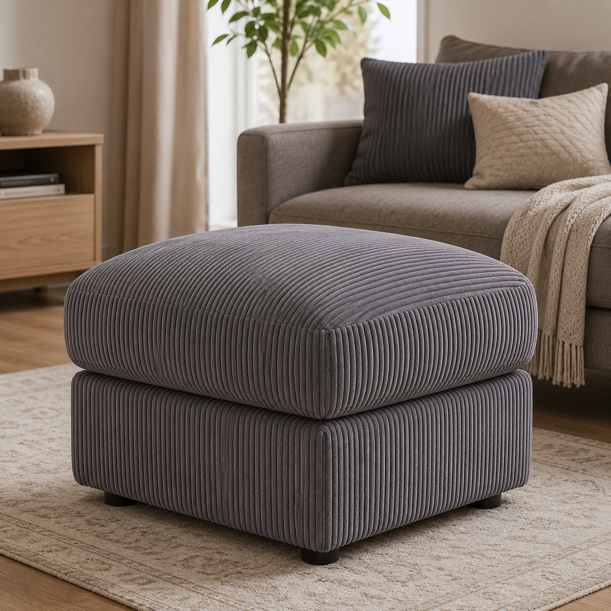 Footstool Ottoman Pouffe Corduroy Foot Rest Large Square Stool Seat Beige 89cm