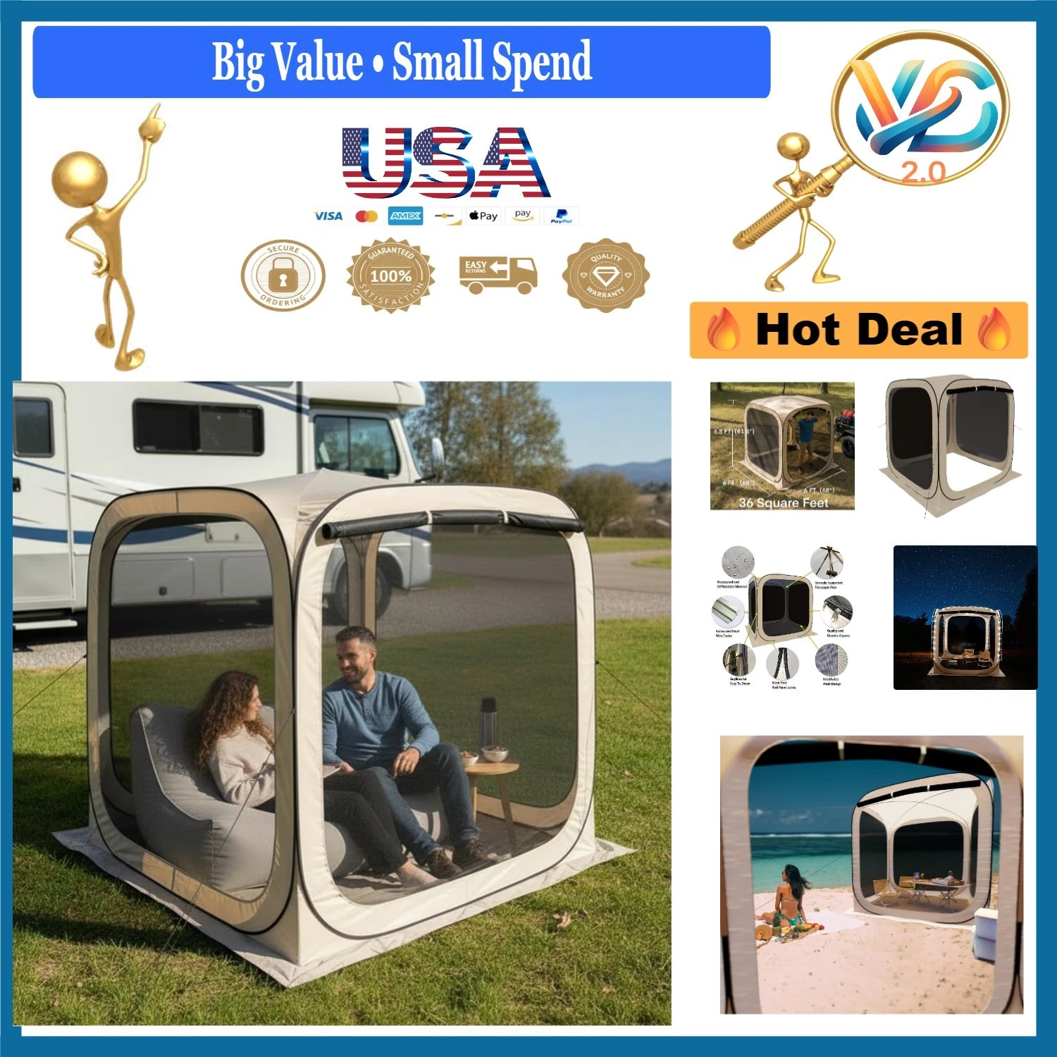 Portable 6x6 Pop-up Screen Tent Canopy Mosquito Net Waterproof Camping Gazebo