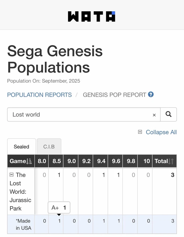 The Lost World - Jurassic Park POP 3 TOTAL! Sega Genesis WATA VGA CGC 8.5 A+ - Image 2 of 4
