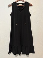 MICHAEL KORS Black Tie Front Shift Dress Small Gold Aglets Ruffle Hem Flirty