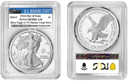 2025 P Silver American Eagle $1 Marine PCGS PR70DCAM First Day of Issue #904
