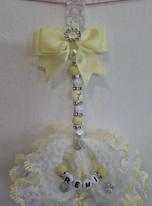 Pram charms*new*lemon/white  booties Baby pram charm hand knitted  Personalised 