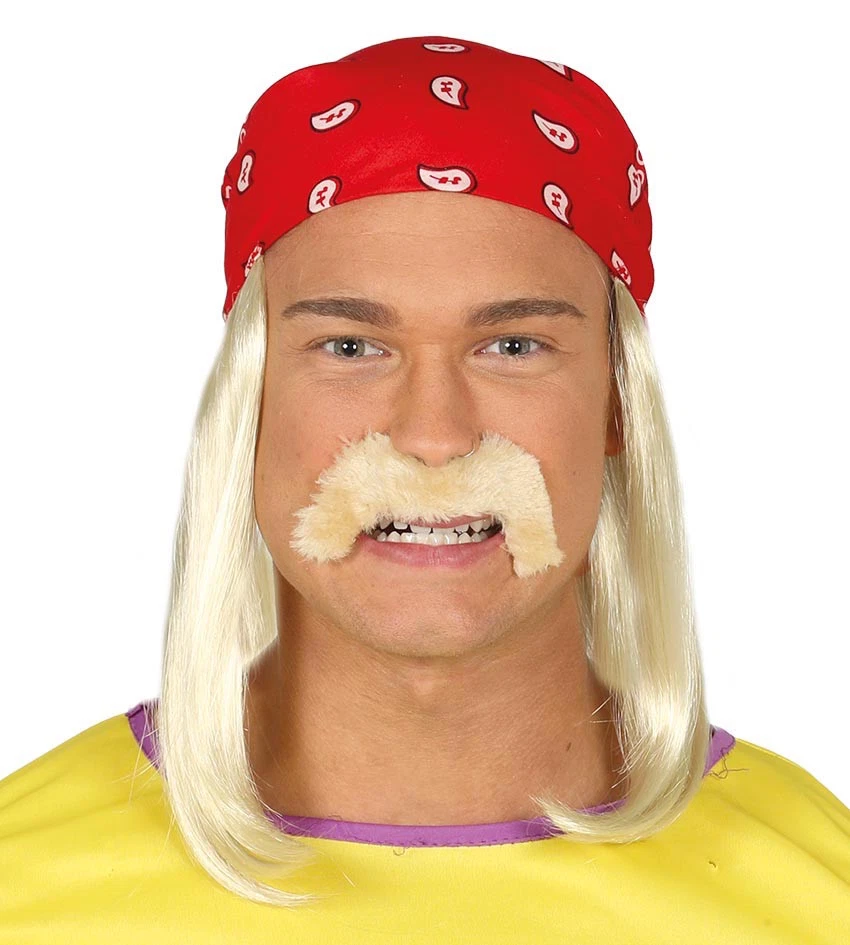 THE RUBBER PLANTATION ™ Hulk Hogan Bandana & Hair Wig Wrestler Blonde 1980's Fancy Dress Accessory Red