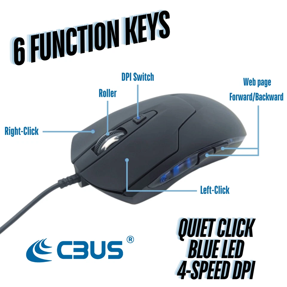Wired USB-C 6-Button Quiet Mouse, 4-DPI Speeds, Ergonomic LED Backlight - Mac/PC - Image 2 of 4