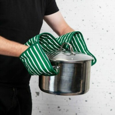 100 % Baumwolle Gestreift Ofenhandschuh Handschuhe Topf Doppelhandschuh Küchenschürze Set GRÜN