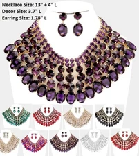 Chunky Crystal Bridal Bib Wedding Choker Pierced Earrings Collor Necklace Oval