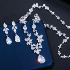 Cubic Zirconia Long Leaf Wedding Necklace Earrings Silver Plated CZ Jewelry Set