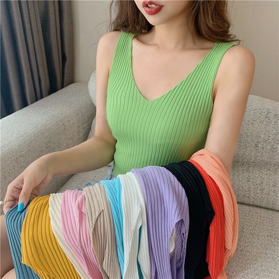 V-neck Knitted Ice Silk Sleeveless Top Thin Vest Knit Sweater Women Sexy Sl#lk