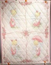 New Handmade Baby Quilt / Wall Hanging "Precious Moments" Girls w/ Ducks 44" H