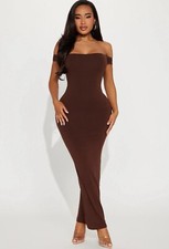 Fashion Nova Women’s Brown Smooth Double Lined Off The Shoulder Maxi Dress 