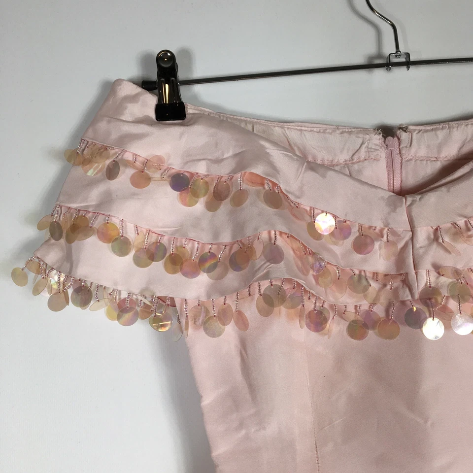 Vestido De Colección Años 80 Baile de graduación Rosa Con Cuentas Borla Hombro Descubierto Fiesta Noche XS/S Hinchado Foto 4 de 4