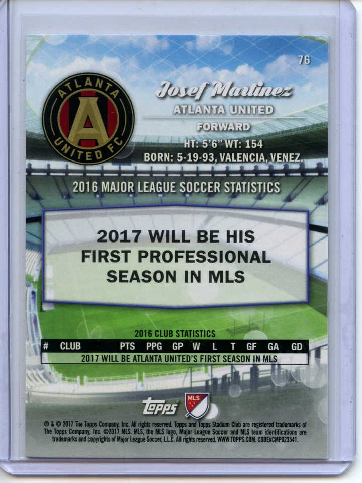 2017 Topps Stadium Club MLS Soccer BLACK & WHITE #76 Josef Martinez - Atlanta - Image 2 of 2