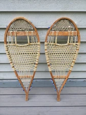 VINATGE Old Wooden Snowshoes Indian Style with Blue Pompoms  34" x 12"