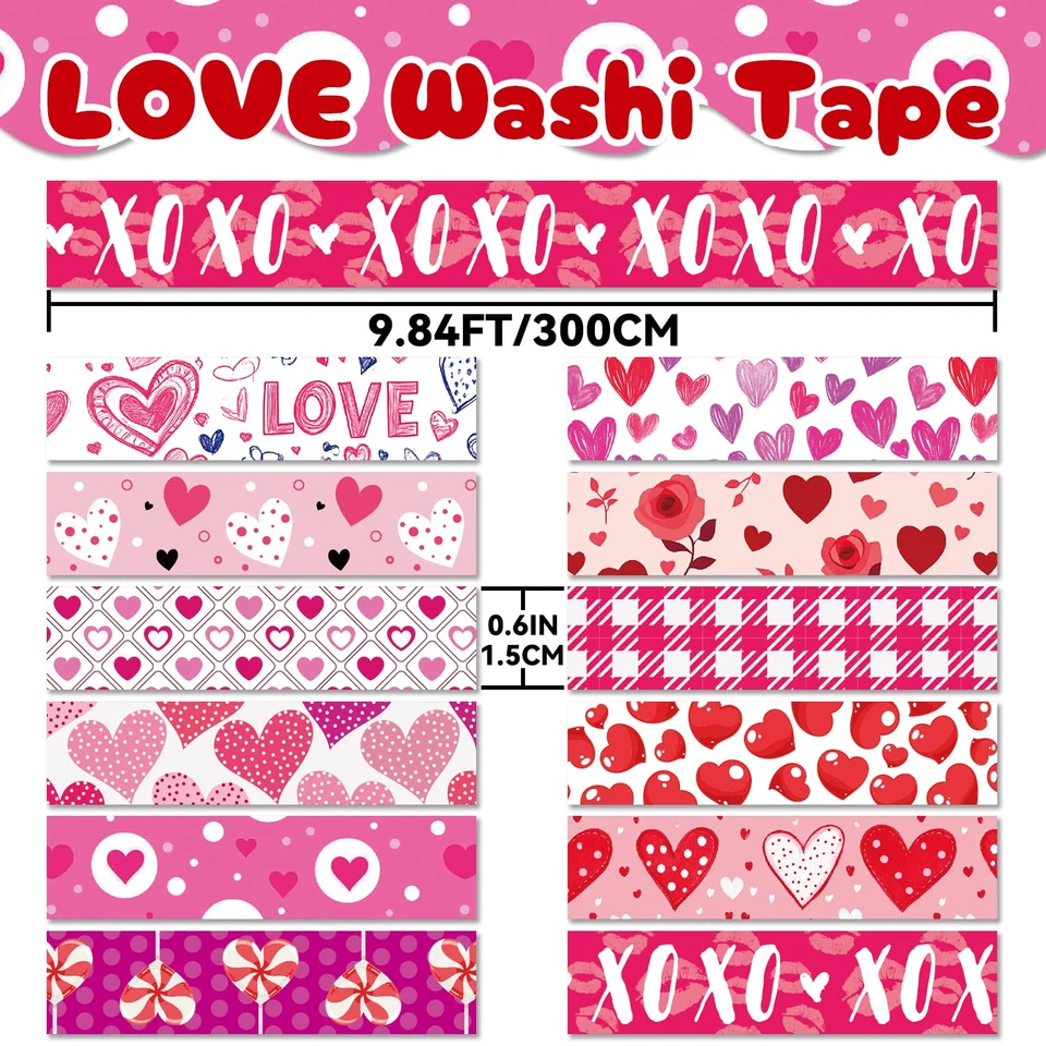 Juego de 12 rollos de cinta washi Love Heart, cinta decorativa floral corazón rosa rojo puro... Foto 2 de 4