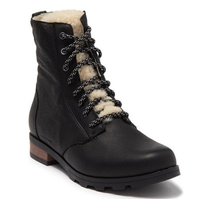 SOREL Emelie Genuine Shearling Lamb Fur Short Lace-Up Boot, Black, Size 9.5, NWT