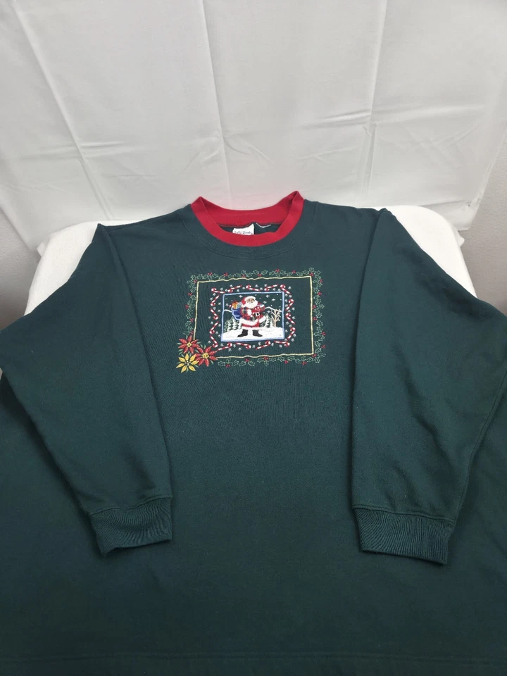 Bobbie Brooks Woman Green Red Embroidered Santa Claus Sweatshirt Pullover Sz 3XL - Image 3 of 4