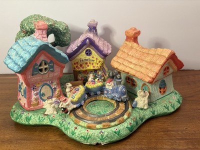 Vintage 1982 Nowell Molds Ceramic Iridescent Bunny Train Easter Village 14pc