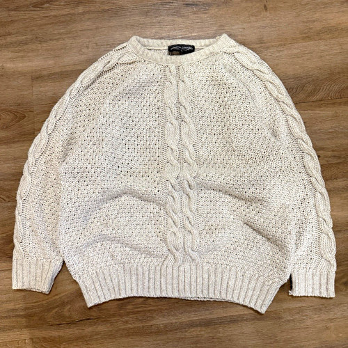 Pierre Cardin, 1980s Pierre Cardin Men's Beige Cable Knit Crewneck Pullover Sweater Size L