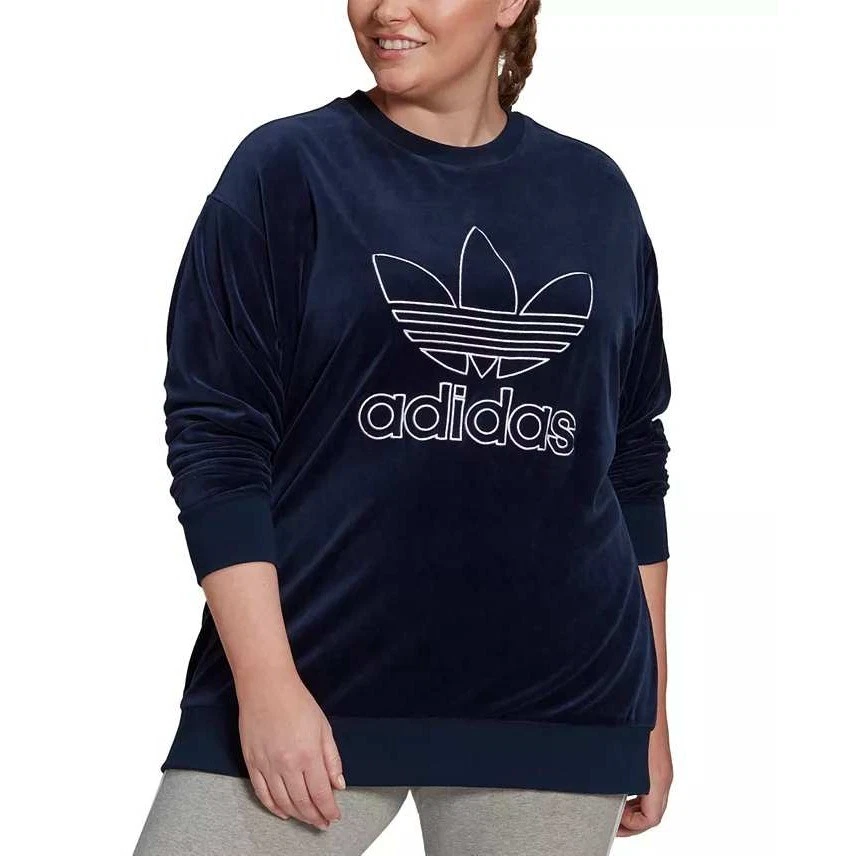 Adidas Originals Womens 3X Velour Trefoil Crew Sweatshirt Collegiate Navy White - Image 2 of 4