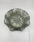 Carnival Glass Iridescent Smoke Grey Fruit Pattern Bowl Ruffled Rim Vintage