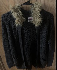 Justice- Cardigan With Faux Fur Hood. With Pockets Gray Size 20