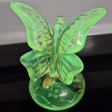 Fenton Topaz Opalescent Vaseline Glass Butterfly on Branch Uranium Figurine