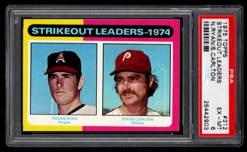 NOLAN RYAN & STEVE CARLTON 1975 TOPPS BASEBALL CARD #312 PSA 6 EX/NM LEADERS