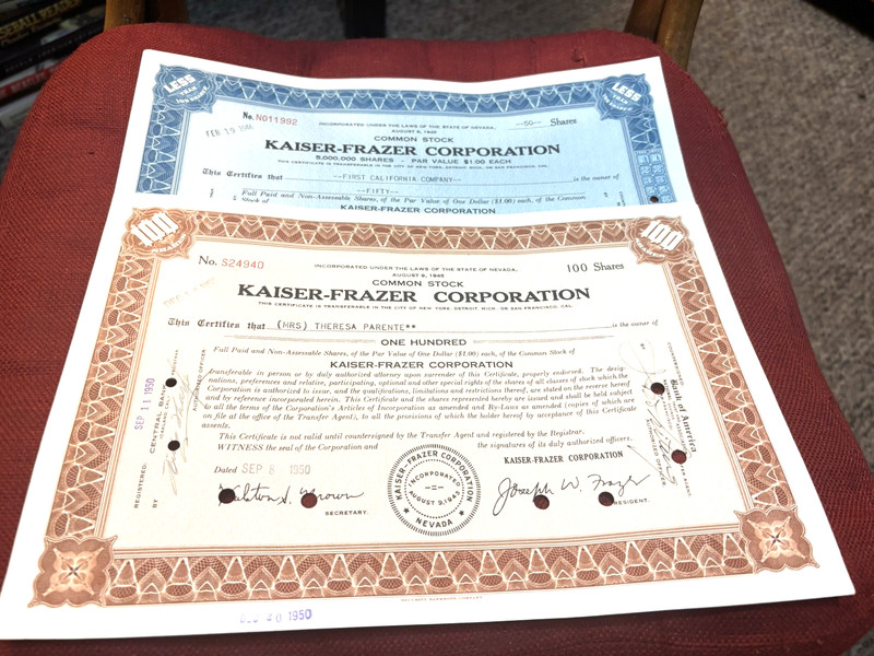 Lot of Kaiser-Frazer 2 Different Color Stock Certificates 1946