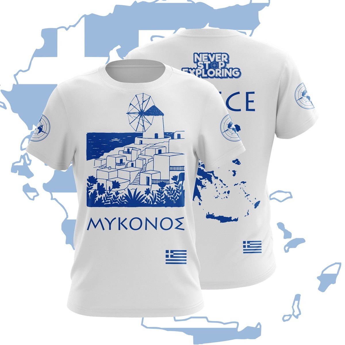 Camiseta Mykonos Grecia Gráfica Isla Mediterránea Viaje Souvenir Tee