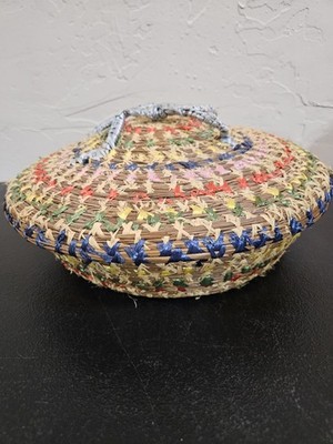 Native American Pine Needle Basket With Color Silk Threads