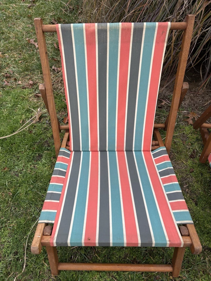 Tumbonas plegables vintage de madera y lona - Par Foto 2 de 4