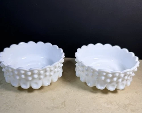 Vintage Fenton Milk Glass Hobnail Scalloped Edge White Candy Nut Dish set of 2