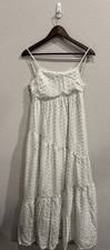 Line and Dot White/Green Floral Lace Open Back Maxi Dress Scoop Neck Straps M