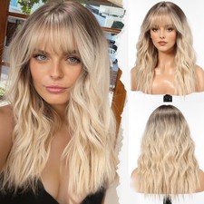Long Wig with Bangs Synthetic Wavy Wigs for Women Blonde Color